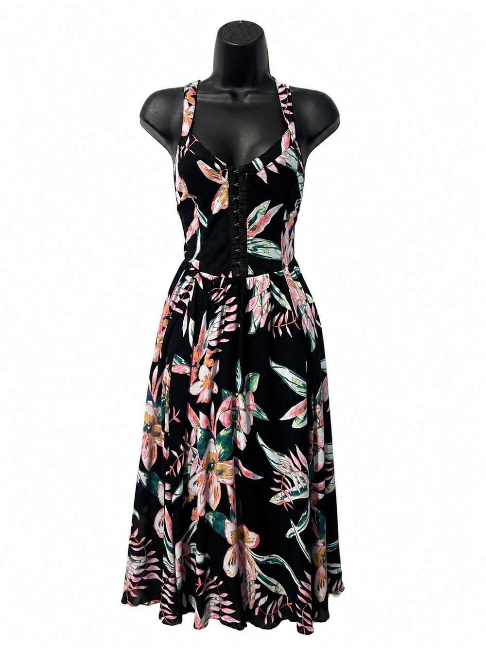 mchi Blue Urban Outfitters Black Floral Corset Midi Dress Size 8 Boho